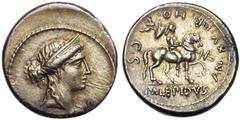 ROMAN REPUBLIC M. Aemilius Lepidus, AR denier, 61 av. J.-C., Rome. D/ T. fém. diad. à d. R/ AN XV PR HO C S Cavalier ten. un trophée, menant son cheval au pas à d. A l''ex., M LEPIDVS. Cr. 419/1a; Syd