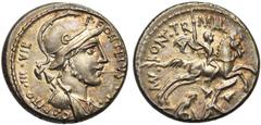 ROMAN REPUBLIC P. Fonteius Capito, AR denier, 55 av. J.-C., Rome. D/ P· FONTEIVS· P·F·- CAPITO· III·VIR B. casqué, dr. de Mars à d., un trophée sur l''épaule. R/ MV· FONT TR- MIL Cavalier au galop à d