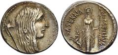 ROMAN REPUBLIC L. Hostilius Saserna, AR denier, 48 av. J.-C., Rome. D/ T. de femme à d. Derrière, carnyx. R/ L·HOSTILIVS- SASERNA Artémis deb. de f., ten. une lance et posant la main d. sur la t. d''u