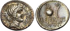 ROMAN REPUBLIC C. Cassius et P. Cornelius Lentulus Spinther, AR denier, 43-42 av. J.-C., atelier itinérant. D/ C· CASSI· IMP- LEIBERTAS B. diad. de Libertas à d. R/ Cruche et lituus. Dessous, LENTVLVS