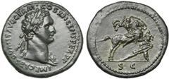 ROMAN EMPIRE (I) DOMITIEN Auguste (81-96), AE sesterce, 86, Rome. D/ IMP CAES DOMIT AVG GERM COS XII CENS PER P P B. l. à d., l''épaule g. dr. de l''égide. R/ Domitien à cheval à d., un bouclier au br