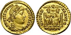 ROMAN EMPIRE (II) VALENTINIEN Ier (364-375), AV solidus, 367-375, Trèves. D/ DN VALENTINI-ANVS PF AVG B. diad., dr., cuir. à d. R/ VICTOR-IA AVGG/ TROBC Deux empereurs assis de f., ten. un globe au-de