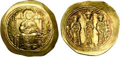 BYZANTIUM (II) Eudocia (1067), AV histamenon, Constantinople. D/ Le Christ trônant de f., bénissant et ten. les Evangiles. R/ Eudocia deb. de f., ten. un sceptre, entre ses fils Michel et Constantin, 