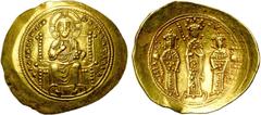 BYZANTIUM Eudocia (1067), AV histamenon, Constantinople. D/ Le Christ trônant de f., bénissant et ten. les Evangiles. R/ Eudocia deb. de f., ten. un sceptre, entre ses fils Michel et Constantin, ten. 