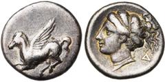 GREEK WORLD CORINTHE, AR drachme, 308-306 av. J.-C. D/ Pégase en vol à g. Dessous, . R/ T. d''Aphrodite à g., les cheveux retenus par une cordelette croisée. Derrière la nuque, Δ. BMC 293; SNG Cop. 8