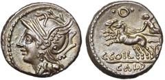 ROMAN REPUBLIC C. Coelius Caldus, AR denier, 104 av. J.-C., Rome. D/ T. casquée de Roma à g. R/ Victoire en bige à g. Au-dessus, ·O·. Sous les chevaux, C·COIL. A l''ex., CALD. Cr. 318/1a; Syd. 582. 3,