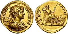ROMAN EMPIRE CARACALLA Auguste (198-217), AV aureus, 199, Rome. D/ ANTONINVS AVGVSTVS B. l., dr., cuir. à d. R/ PONT- TR P II Securitas assise sur un trône à d., la tête posée sur sa main d., le coude