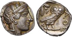 Collection A. BLONDEL : Greece ATTIQUE, ATHENES, AR tétradrachme, vers 400 av. J.-C. D/ T. casquée d''Athéna à d., le casque orné d''un fleuron et de feuilles d''olivier. R/ A?E Chouette à d., t. de f
