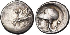GREEK WORLD CORINTHE, AR statère, 386-307 av. J.-C. D/ Pégase en vol à g. Dessous, ?. R/ T. casquée d''Athéna à g. Sous le menton, A. Derrière la nuque, astragale. Ravel 1039. 8,36g Légèrement décentr