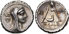 ROMAN REPUBLIC P. Sulpicius Galba, AR denier, 69 av. J.-C., Rome. D/ T. voilée de Vesta à d. A g., S·C. R/ AE-CVR/ P·GALB Couteau de sacrifice, simpulum et hache sacerdotale. Cr. 406/1; Syd. 839. 3,89