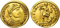 ROMAN EMPIRE CONSTANTIN III (407-411), AV solidus, 408-411, Trèves. D/ DN CONSTAN-TINVS PF AVG B. diad., dr., cuir. à d. R/ VICTORI-A AAVGGG/ TROBS L''empereur deb. à d., ten. le labarum et un globe n