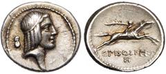 ROMAN REPUBLIC C. Piso Frugi, AR denier, 67 av. J.-C., Rome. D/ T. d''Apollon à d., les cheveux tenus par un bandeau. Derrière la tête, 8. R/ Cavalier au galop à g., ten. une palme. En dessous, C PISO