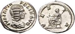 PERTINAX - LEON & LOTS JULIA DOMNA (†217), femme de Septime Sévère, AR denier, 211-217, Rome. D/ IVLIA PIA FELIX AVG B. dr. à d. R/ VESTA Vesta voilée, dr., assise à g., ten. un simpulum et un sceptre