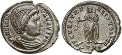 PERTINAX - LEON & LOTS HELENA, mère de Constantin Ier, AE follis, 327-328, Trèves. D/ FL HELENA- AVGVSTA B. diad., dr. à d. R/ SECVRITAS- REI PVBLICE/ STRE Securitas deb. à g., ten. un rameau d''olivi