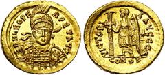 PERTINAX - LEON & LOTS LEON Ier (457-474), AV solidus, 457-473, Constantinople. Off. Δ. D/ DN LEO PE-RPET AVG B. casqué, cuir. de trois-quarts de f., ten. une lance et un bouclier. R/ VICTORI-A AVGGGΔ