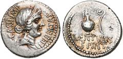 ROMAN REPUBLIC C. Cassius et P. Cornelius Lentulus Spinther, AR denier, 43-42 av. J.-C., atelier itinérant. D/ C· CASSI· IMP- LEIBERTAS B. diad. de Libertas à d. R/ Cruche et lituus. Dessous, LENTVLVS