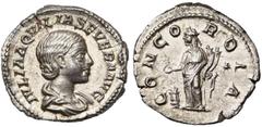ROMAN EMPIRE AQUILIA SEVERA, deuxième femme d''Elagabal, AR denier, vers 220, Rome. D/ IVLIA AQVILIA SEVERA AVG B. dr. à d. R/ CONCORDIA Concordia deb. à g., ten. une double corne d''abondance et une 