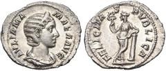 ROMAN EMPIRE JULIA MAMAEA (†235), mère de Sévère Alexandre, AR denier, 228, Rome. D/ IVLIA MA-MAEA AVG B. diad., dr. à d. R/ FELICITAS PVBLICA Felicitas deb. de f., t. à g., ten. un caducée, le bras g