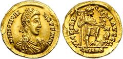ROMAN EMPIRE HONORIUS (393-423), AV solidus, 404 et 407-408, Rome. D/ DN HONORI-VS PF AVG B. diad., dr., cuir. à d. R/ VICTORI-A AVGGG/ R-M/ COMOB L''empereur deb. à d., ten. un étendard et un gl. nic