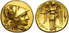 GREEK WORLD ROYAUME DE MACEDOINE, Alexandre III le Grand (336-323), AV statère, 323-319 av. J.-C., Milet. D/ T. casquée d''Athéna à d., portant un collier, le casque orné d''un serpent. R/ ΑΛΕΞΑΝΔPOY 