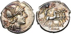ROMAN REPUBLIC P. Maenius Antias, AR denier, 132 av. J.-C., Rome. D/ T. casquée de Roma à d. Derrière, . R/ P·MAE·ANT/ ROMA Victoire conduisant un quadrige à d., couronnant les chevaux. Cr. 249/1; Sy