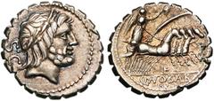 ROMAN REPUBLIC Q. Antonius Balbus, AR denier serratus, 83-82 av. J.-C., Rome. D/ T. l. de Jupiter à d. Derrière, S·C. R/ Victoire conduisant un quadrige au galop à d., ten. les rênes, une palme et une