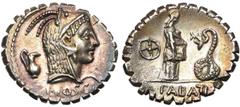 ROMAN REPUBLIC L. Roscius Fabatus, AR denier serratus, 64 av. J.-C., Rome. D/ L·ROSCI T. de Junon Sospita à d., coiffée d''une peau de chèvre. A g., cruche. R/ FABATI Jeune fille deb. à d., nourrissan