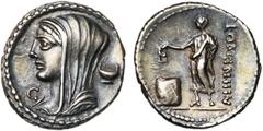 ROMAN REPUBLIC L. Cassius Longinus, AR denier, 63 av. J.-C., Rome. D/ T. voilée et diad. de Vesta à g. A d., coupe à deux anses. A g., C. R/ LONGIN·III·V Un électeur en toge deb. à g., ten. sa tablett