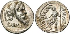 ROMAN REPUBLIC C. Vibius Pansa, AR denier, 48 av. J.-C., Rome. D/ Masque de Pan barbu à d., trois rangées de baies dans les cheveux. Derrière, un pedum. Dessous, PANSA. R/ C· VIBIVS· C·F·C·N· (sur le 