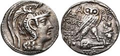 CONTINENTAL GREECE ATTIQUE, ATHENES, AR tétradrachme, 123-122 av. J.-C. D/ T. casquée d''Athéna à d. R/ A-ΘE Chouette sur une amphore. De part et d''autre, ΞE-NO/KΛHΣ. A d., Roma assise de f., ten. un