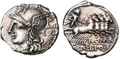ROMAN REPUBLIC M. Baebius Tampilus, AR denier, 137 av. J.-C., Rome. D/ TAMPIL T. casquée de Roma à g. Sous le menton, . R/ ROMA/ M·BAEBI·Q·F Apollon conduisant un quadrige au galop à d. Cr. 236/1a; S