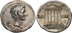 AUGUSTE – CRISPINE AUGUSTE (-27-14), AR cistophore, 19-18 av. J.-C., Pergame. D/ IMP·IX·TR·PO·V T. nue à d. R/ Temple hexastyle sur une base de cinq degrés. Palmettes en acrotères. Sur le fronton, ROM