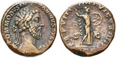 AUGUSTE – CRISPINE COMMODE Auguste (177-192), AE sesterce, 183, Rome. D/ M COMMODVS ANT-ONINVS AVG PIVS T. l. à d. R/ TR P VIII- IMP VI COS IIII PP/ S-C Minerve marchant à d., brandissant une lance et