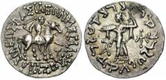 ROYAUME INDO-SCYTHE, Azès (-57-5), AR tétradrachme, 57-35, Droit : Le roi, tenant une lance, chevauchant au pas à droite. A droite, [..]. Revers : Athéna debout à gauche, tenant un bouclier et brandis