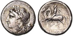 MAGNA GRAECIA CAMPANIE, SUESSA AURUNCA, AR didrachme, vers 265-240 av. J.-C. D/ T. l. d''Apollon à g. Derrière, casque phrygien. R/ Un Dioscure ten. une palme orné de bandelettes, chevauchant au pas à