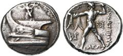 CONTINENTAL GREECE & ASIA ROYAUME DE MACEDOINE, Démétrios Poliorcète (306-283), AR tétradrachme, vers 293-292 av. J.-C., Ephèse. D/ Niké ailée sonnant de la trompette et ten. un stylis, deb. à g. sur 