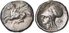 CONTINENTAL GREECE & ASIA CORINTHE, AR statère, 386-307 av. J.-C. D/ Pégase en vol à g. Dessous, . R/ T. casquée d''Athéna à g., le casque lauré. Derrière, aegis dans une couronne. A la pointe du cou
