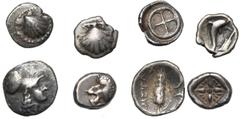 ANCIENT LOTS ITALIE, lot de 4 fractions en argent: Tarente, litre, Coquille/Roue à quatre rayons; Tarente, obole, Coquille/Dauphin, en dessous, un gouvernail; Métaponte, diobole, T. d''Athéna/Epi; Mil