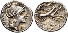 ROMAN REPUBLIC L. Flaminius Chilo, AR denier, 109 ou 108 av. J.-C., Rome. D/ ROMA T. casquée de Roma à d. Sous le menton, . R/ L·FLAMINI/ CILO Victoire conduisant un bige à d., ten. les rênes et une 