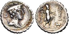 ROMAN REPUBLIC C. Mamilius Limetanus, AR denier serratus, 82 av. J.-C., Rome. D/ B. dr. de Mercure à d., ten. un caducée sur l''épaule. A g., au-dessus du pétase, I. R/ C·MAMIL/ LIMEAN Ulysse marchant