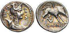 ROMAN REPUBLIC C. Hosidius Geta, AR denier, 68 av. J.-C., Rome. D/ B. de Diane à d., avec arc et carquois sur l''épaule. Devant, GETA. Derrière, III·VIR. R/ C HOSIDI C F Sanglier à d., transpercé par 
