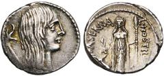 ROMAN REPUBLIC L. Hostilius Saserna, AR denier, 48 av. J.-C., Rome. D/ T. de femme à d. Derrière, carnyx. R/ L·HOSTILIVS- SASERNA Artémis deb. de f., ten. une lance et posant la main d. sur la t. d''u