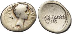 ROMAN REPUBLIC Octavien et Agrippa, AR denier, 38 av. J.-C., atelier itinérant. D/ IMP CAESAR- DIVI· IVLI· F T. d''Octavien à d., légèrement barbu. R/ M· AGRIPPA· COS/ DESIG. Cr. 534/3; Syd. 1331. 3,6