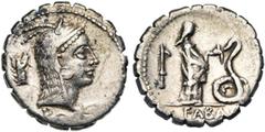 ROMAN REPUBLIC L. Roscius Fabatus, AR denier serratus, 64 av. J.-C., Rome. D/ [L·ROSCI] T. de Junon Sospita à d., coiffée de la peau de chèvre. A g., t. de chien. R/ FABA[TI] Jeune fille deb. à d., no