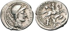 ROMAN REPUBLIC P. Fonteius Capito, AR denier, 55 av. J.-C., Rome. D/ P· FONTEIVS· P·F·- CAPITO· III·VIR B. casqué, dr. de Mars à d., un trophée sur l''épaule. R/ MV· FONT TR- MIL Cavalier au galop à d