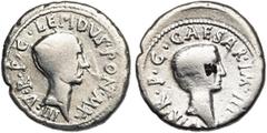 ROMAN REPUBLIC Lépide et Octave, AR denier, 42 av. J.-C., Rome. D/ LEPIDVS· PON· MAX·III· V·R·P·C· T. de Lépide à d. R/ CAESAR· IMP· III·VIR·R·P·C· T. d''Octave à d. Cr. 495/2a; Syd. 1323. 3,71g Très 