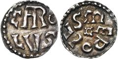 DARK AGES CAROLINGIENS, Charlemagne (768-814), AR denier, 771-793/794, Melle. D/ CΛRO/LVS en deux lignes. R/ EDOLVS autour d''un ornement central, le L en forme d''hameçon. M.G. 268; Prou 681; M.E.C.