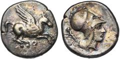 GREEK WORLD CORINTHE, statère, 400-350 av. J.-C. D/ Pégase en vol à d. Dessous, . R/ T. casquée d''Athéna à d. Derrière la t., statuette masculine de style archaïque à g., ten. une lance et une bande