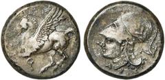 GREEK WORLD CORINTHE, AR statère, 386-307 av. J.-C. D/ Pégase en vol à g. Dessous, . R/ T. casquée d''Athéna à g., le casque orné d''une couronne de laurier. Sous le cou, A-P. Derrière la t., charrue