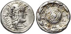 ROMAN REPUBLIC M. Caecilius Metellus, AR denier, 127 av. J.-C., Rome. D/ T. casquée de Roma à d., le couvre-nuque orné d''une étoile. Derrière, de bas en haut, ROMA. R/ Bouclier macédonien décoré d''u